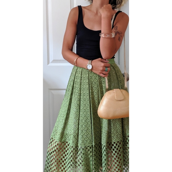 Tibi Green Eyelet Lace Midi Skirt 